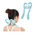 Masajeador manual azul para cuello y hombros, con rodillos, para relajar y aliviar tensión.