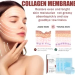 Mascarilla reafirmante de colágeno que restaura la piel, mostrando comparativa de piel madura vs. joven.