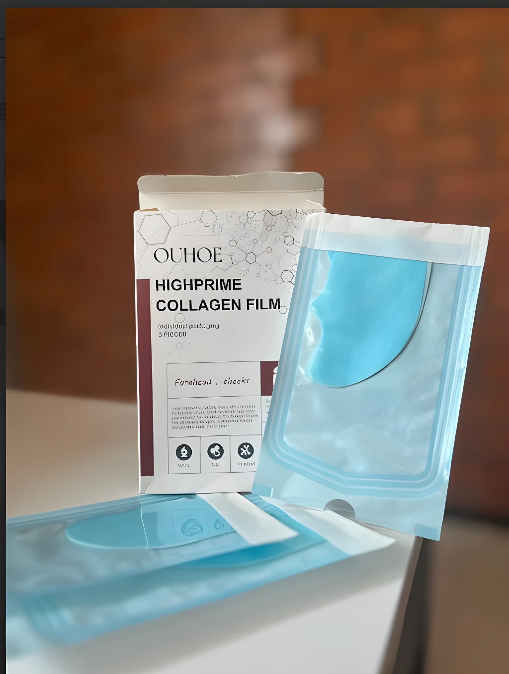 Mascarilla reafirmante de colágeno OUHOE HIGHPRIME para frente y mejillas.