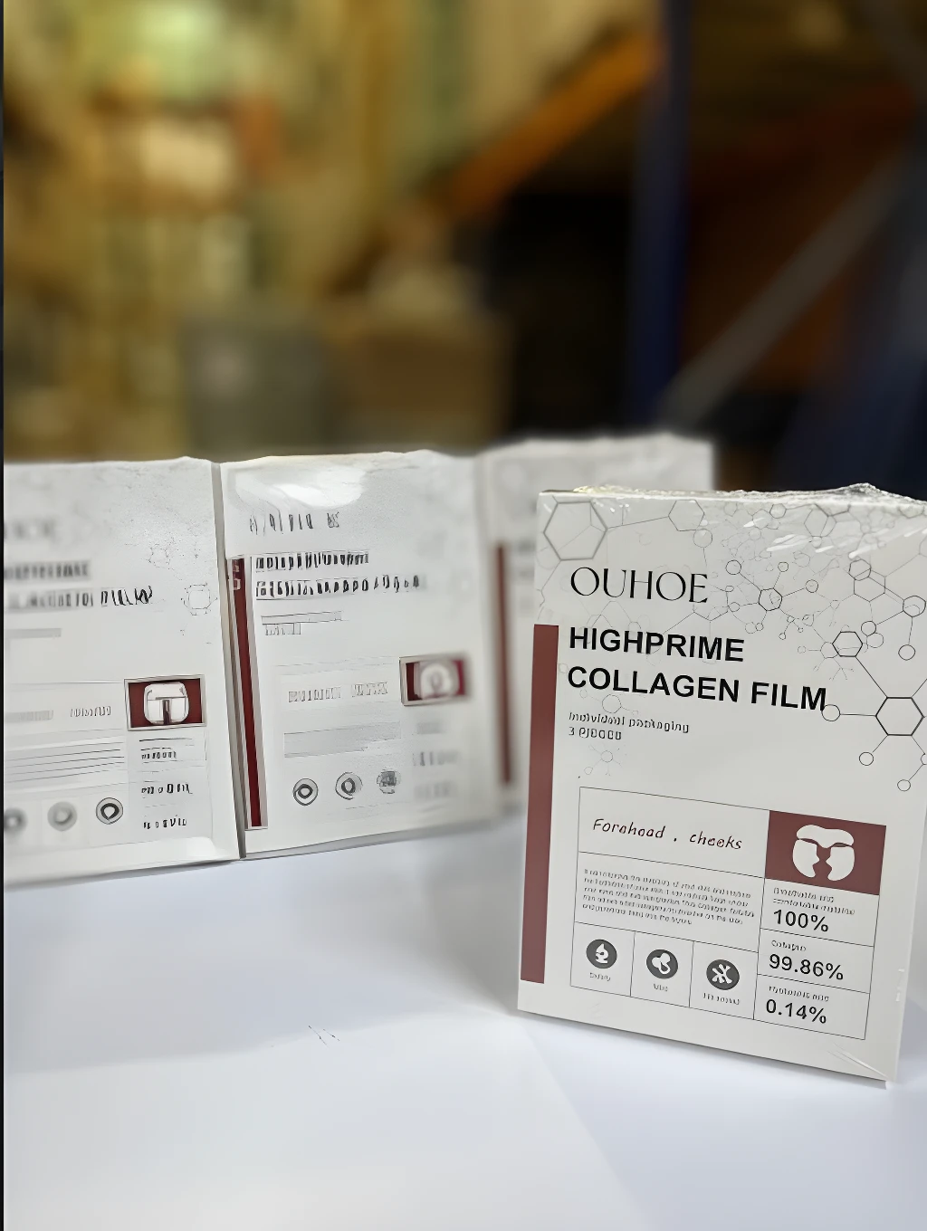 Mascarilla Reafirmante de Colágeno HIGHPRIME en empaque individual, con enfoque en frente y mejillas.