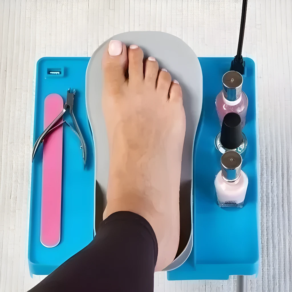 Mesa para pedicure con pie sobre soporte y esmaltes de uñas.