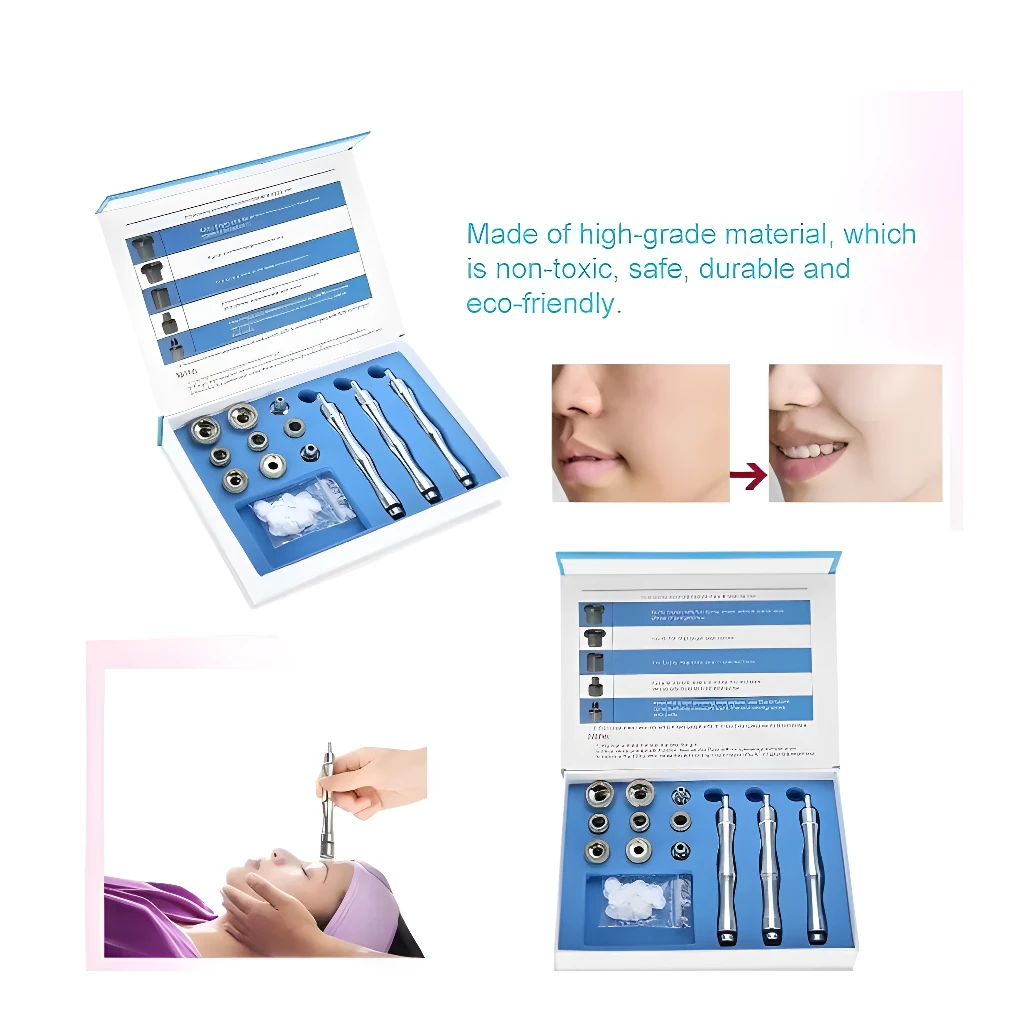Microdermoabrasión facial con kit de puntas de diamante y aplicadores ergonómicos.