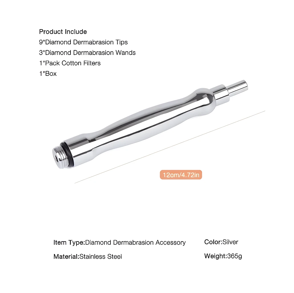 Mango plateado para microdermoabrasión facial de acero inoxidable, 12 cm.