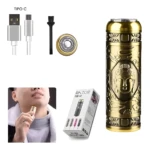 Mini afeitadora eléctrica profesional dorada con diseño de Buda y accesorios USB.