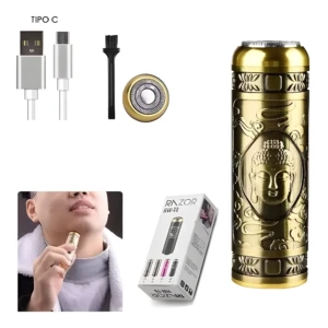 Mini afeitadora eléctrica profesional dorada con diseño de Buda y accesorios USB.