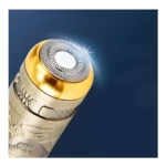 Mini afeitadora eléctrica profesional dorada y plateada con cabezal giratorio y patrón floral.