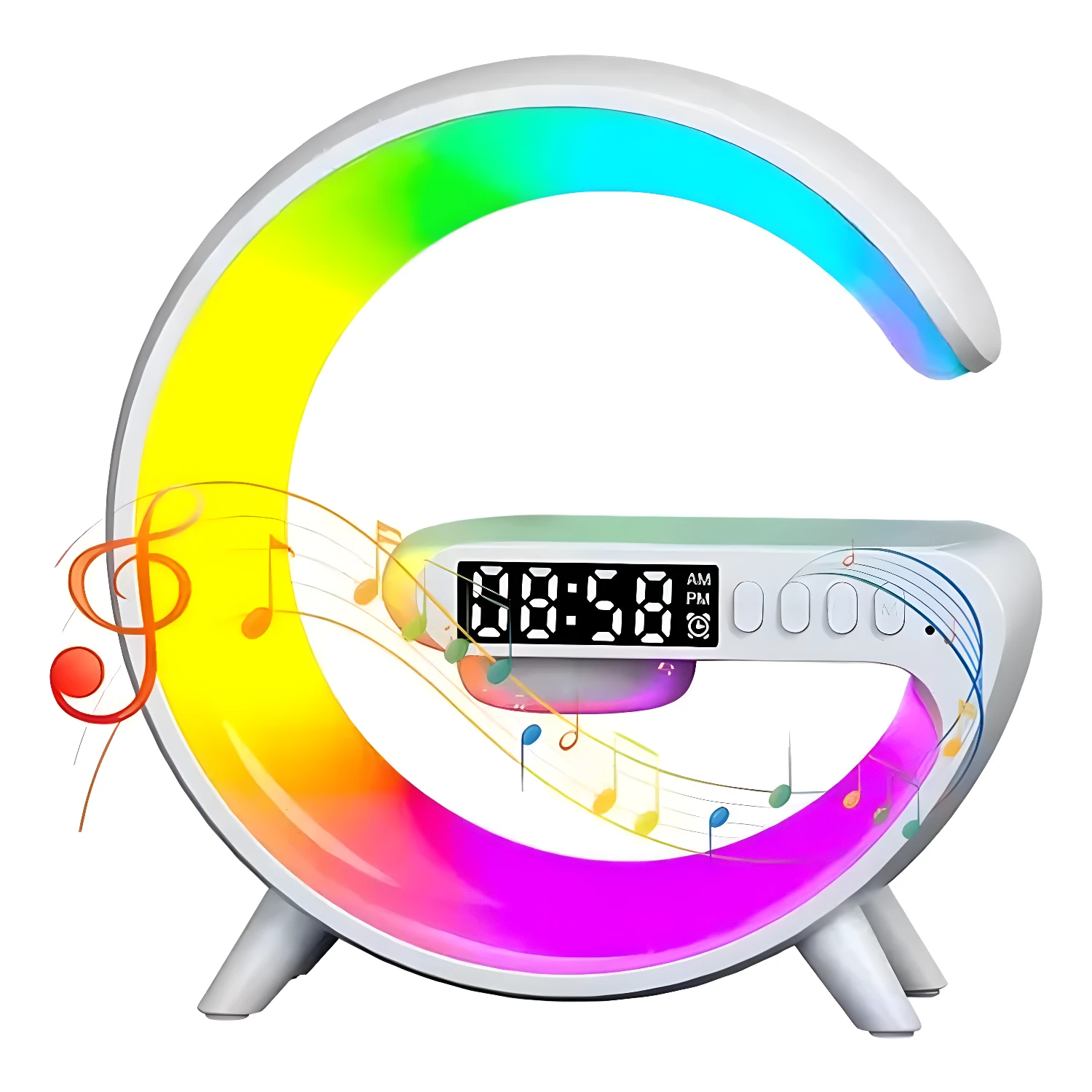 Mini Lámpara Inteligente G con pantalla digital, luces RGB y notas musicales.