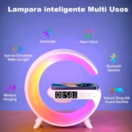 Mini Lámpara Inteligente G con Pantalla LED, cargador inalámbrico y funciones de amanecer y sonido.
