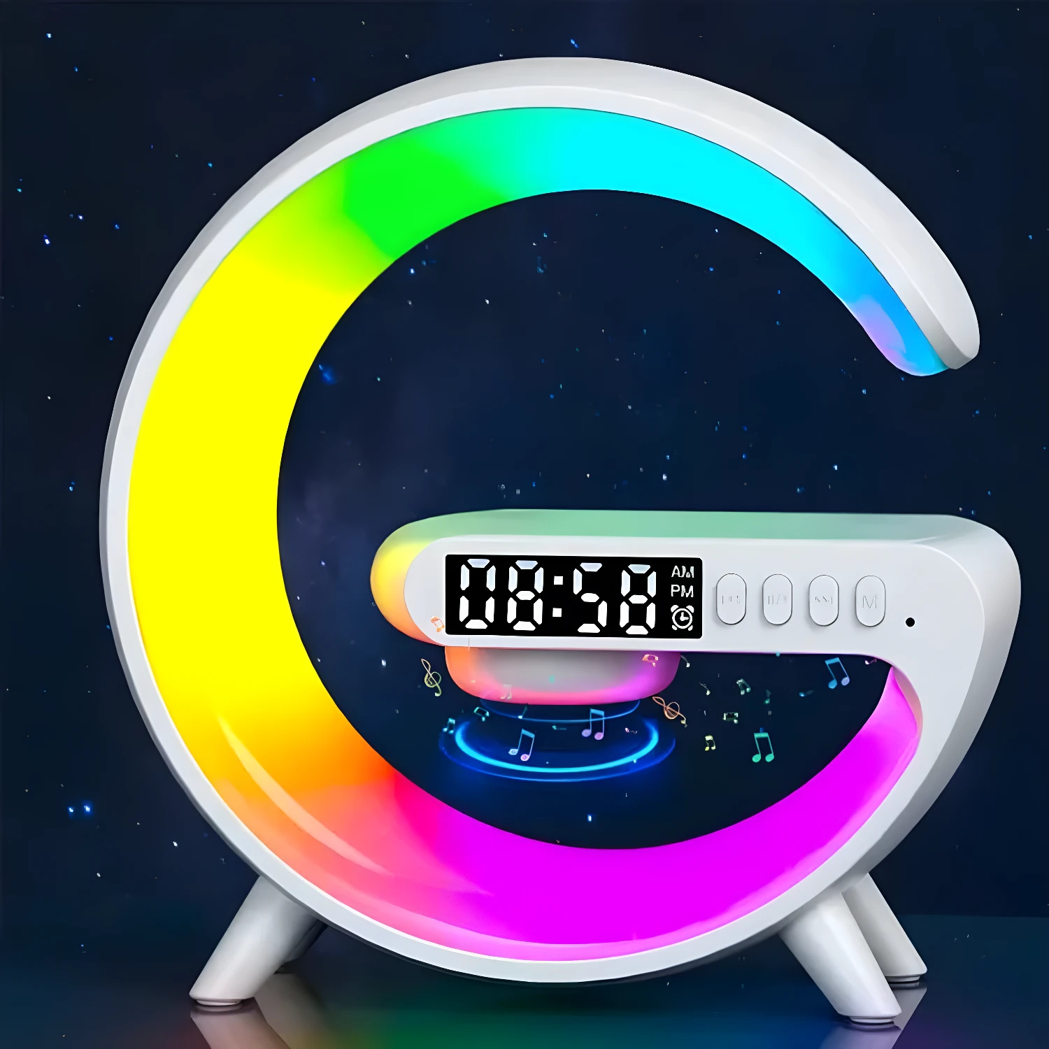 Mini Lámpara Inteligente G: Reloj digital, luz LED RGB y altavoz con diseño moderno.