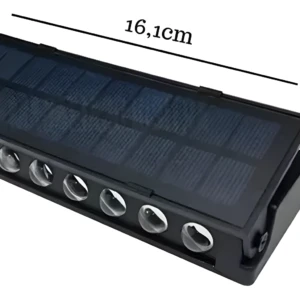 Mini lámpara solar con sensor, diseño negro y 7 focos LED, 16.1cm x 6cm.
