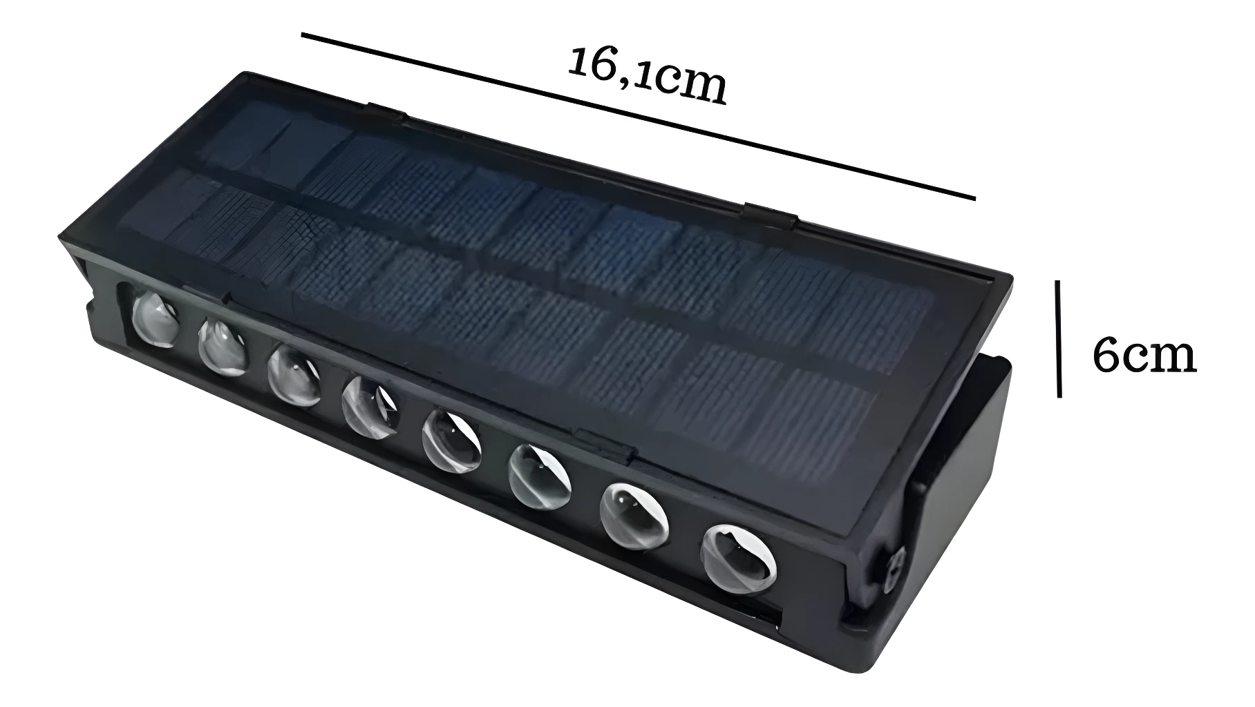Mini lámpara solar con sensor, diseño negro y 7 focos LED, 16.1cm x 6cm.