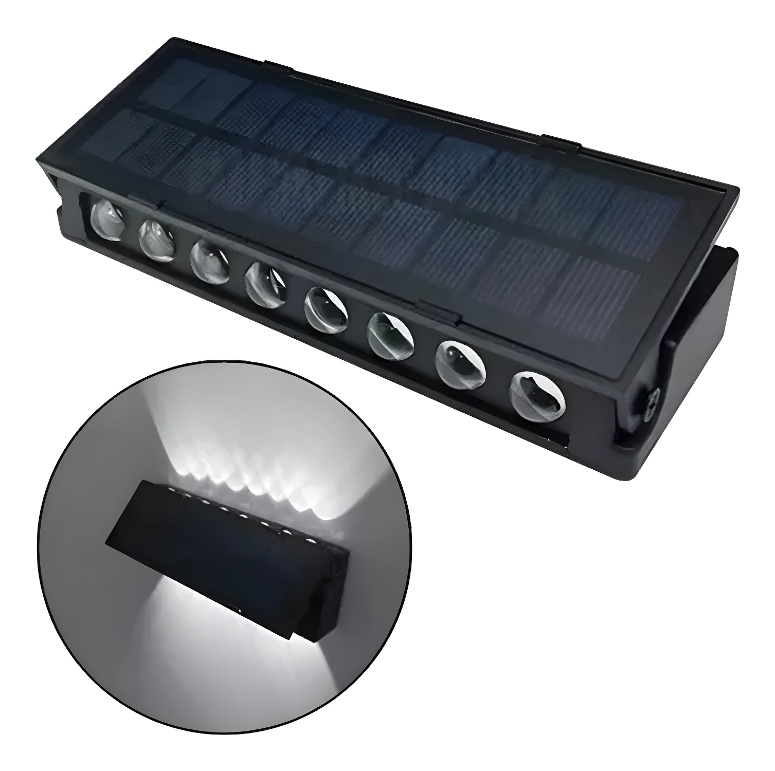 Mini lámpara solar con sensor de movimiento, panel para carga solar y luces LED direccionales.