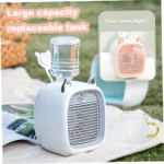 Mini ventilador refrigerador recargable blanco con tanque de agua grande, diseño tierno.