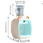 Mini ventilador refrigerador recargable con forma de gato y medidas 15.5x12.5x5.4cm.
