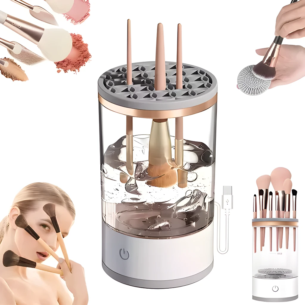 Minilavadora de brochas de maquillaje automática con limpiador ultrasónico, seca y organiza brochas.