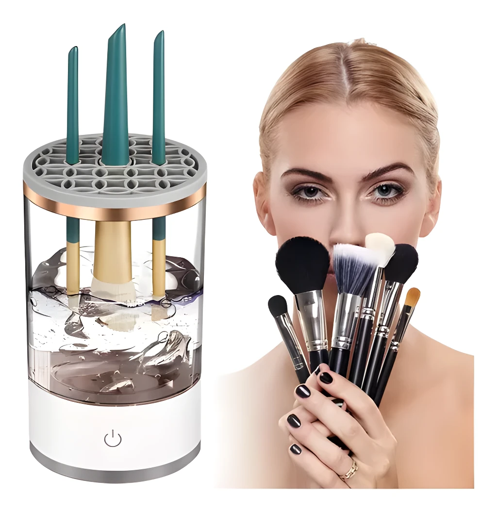 Minilavadora de brochas de maquillaje automática con woman sosteniendo brochas limpias y secas.