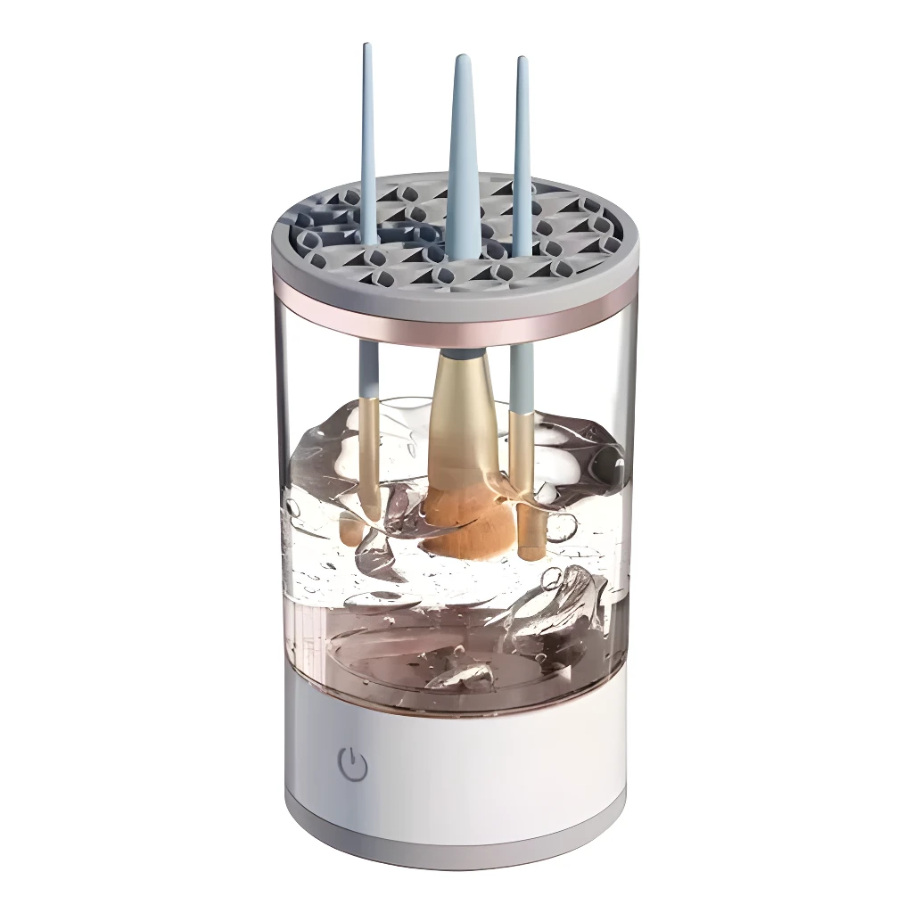 Minilavadora automática de brochas de maquillaje, limpiador eléctrico con recipiente de agua transparente.