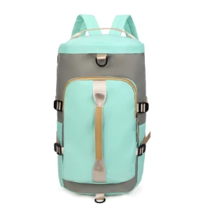 Mochila deportiva ajustable gris y menta con correas y compartimentos.