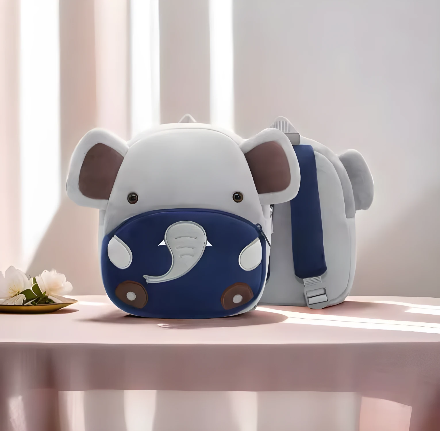 Mochila infantil de elefante azul con estampado de animales para niños.