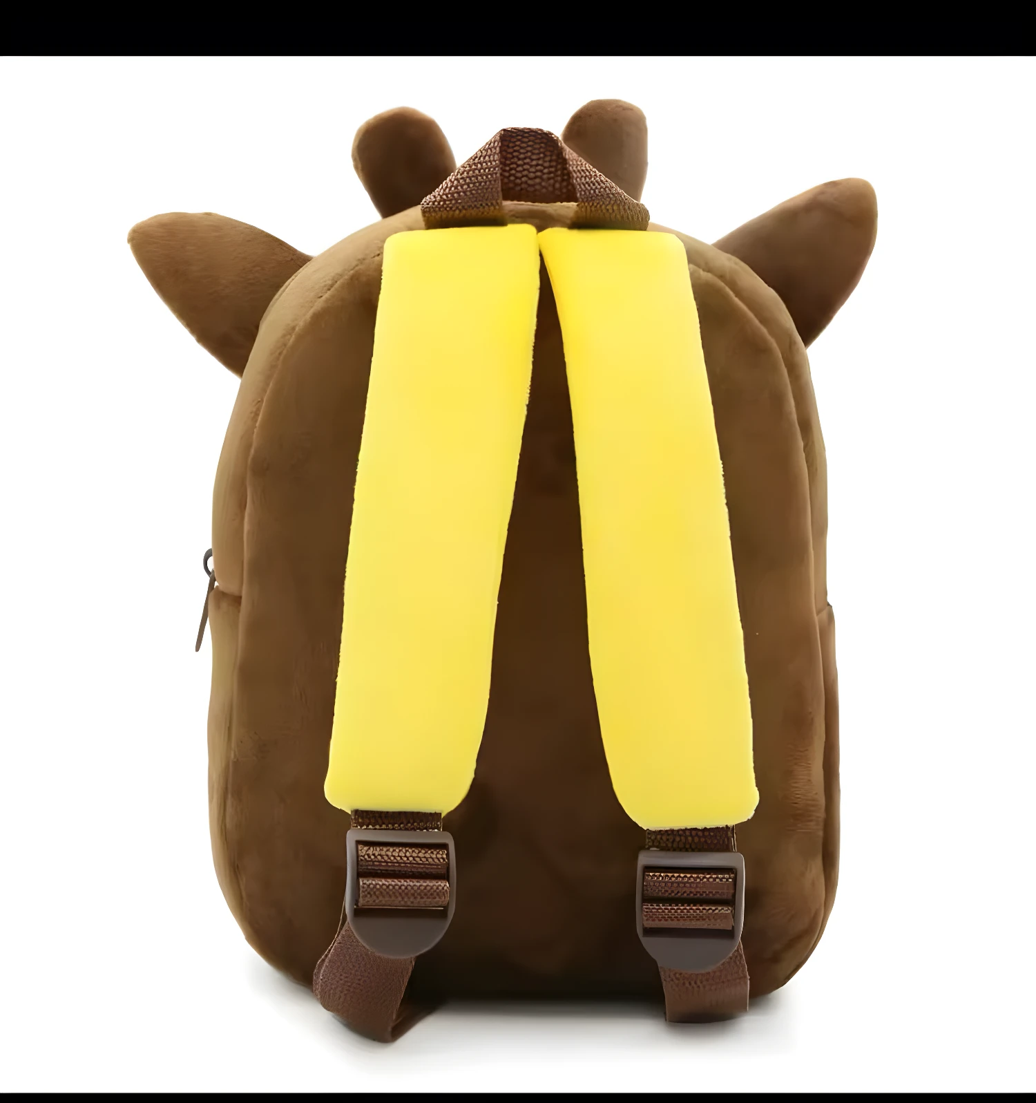 Mochila infantil de peluche marrón con orejas y tiras amarillas, diseño de animal.