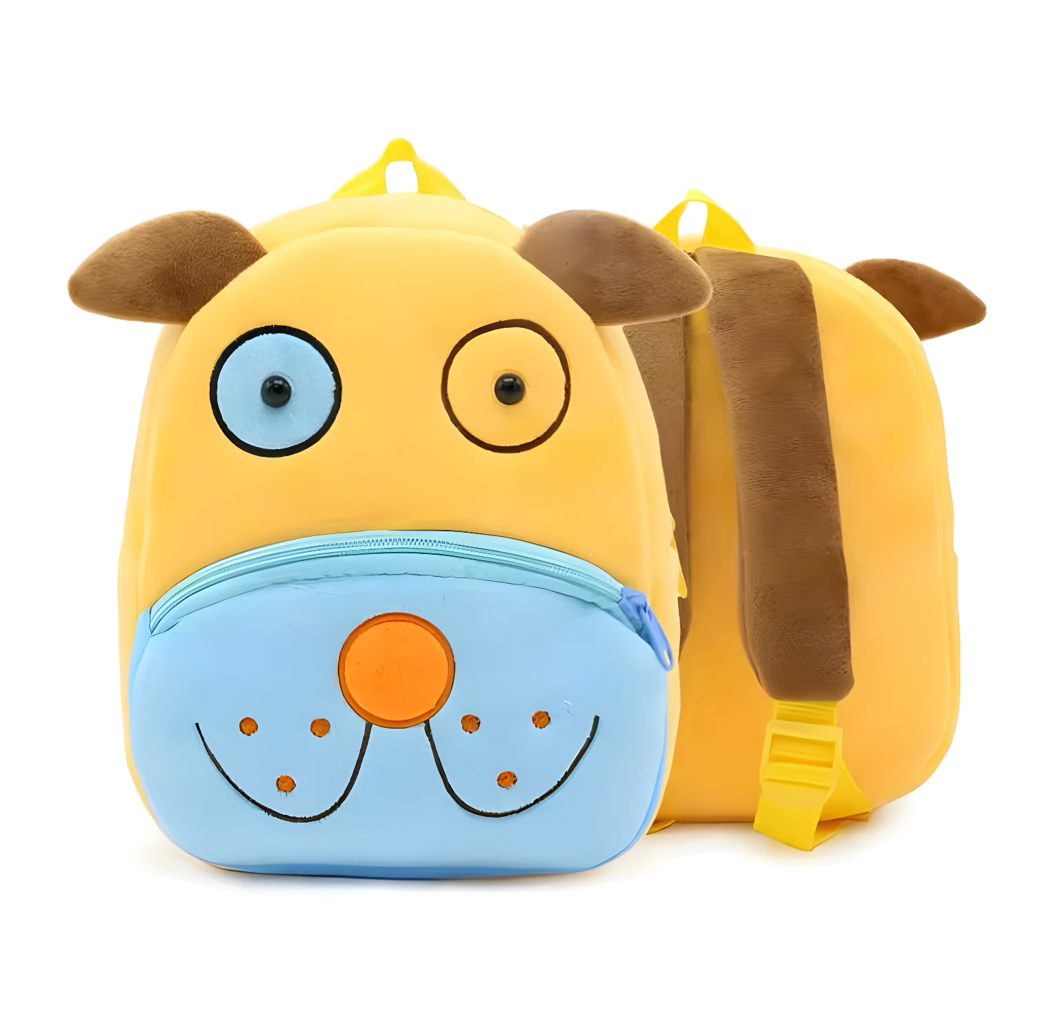 Mochila amarilla para niños con diseño de perro, orejas marrones, cara azul sonriente y compartimento con cremallera.