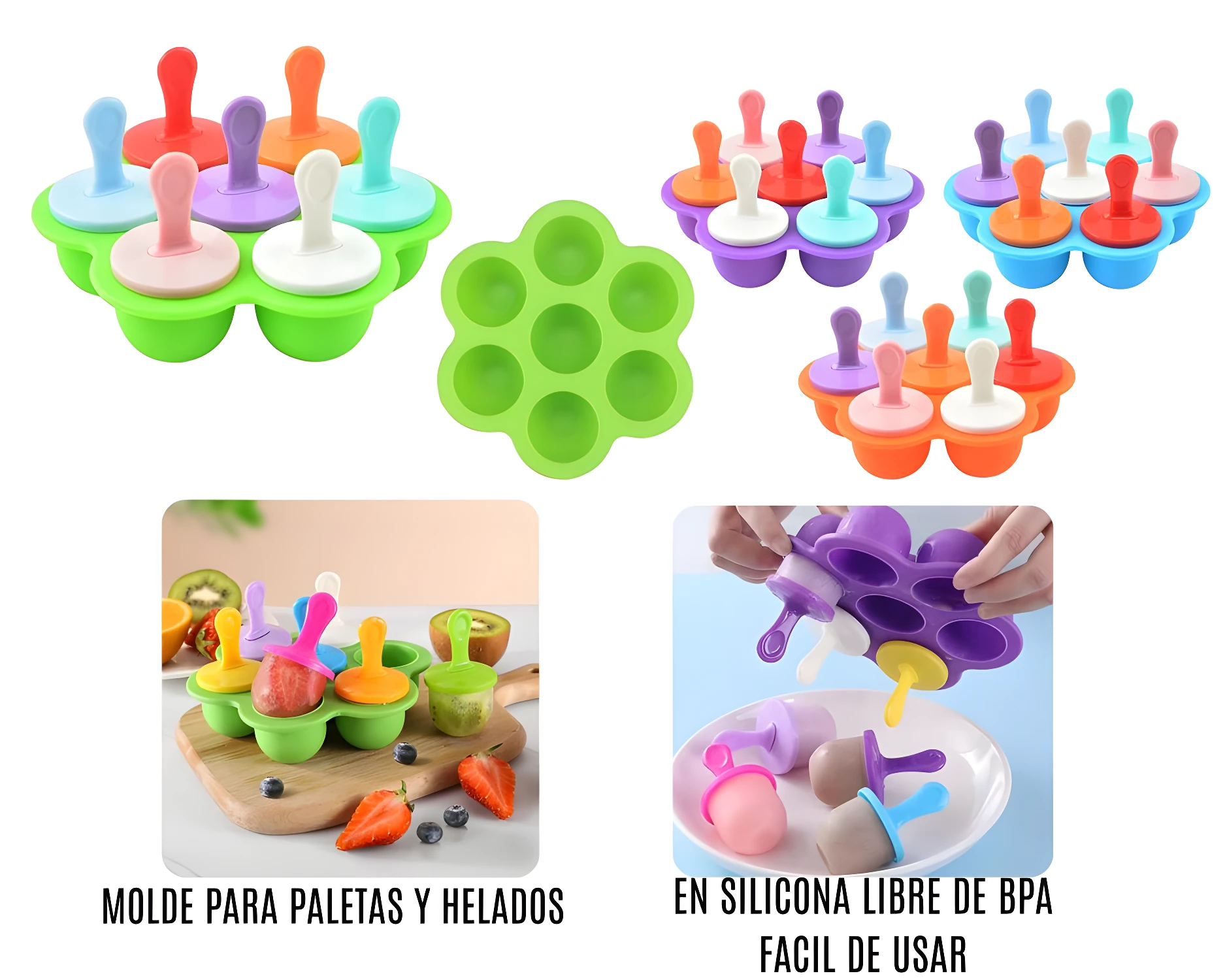 Molde de silicona para hacer helados de fruta para bebés, colores vibrantes, fácil de usar.
