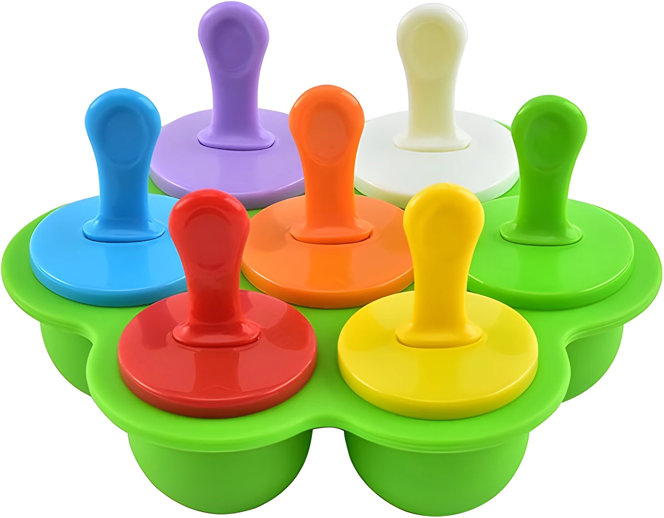 Molde de silicona para helado de fruta para bebé con 6 cavidades coloridas y palitos.