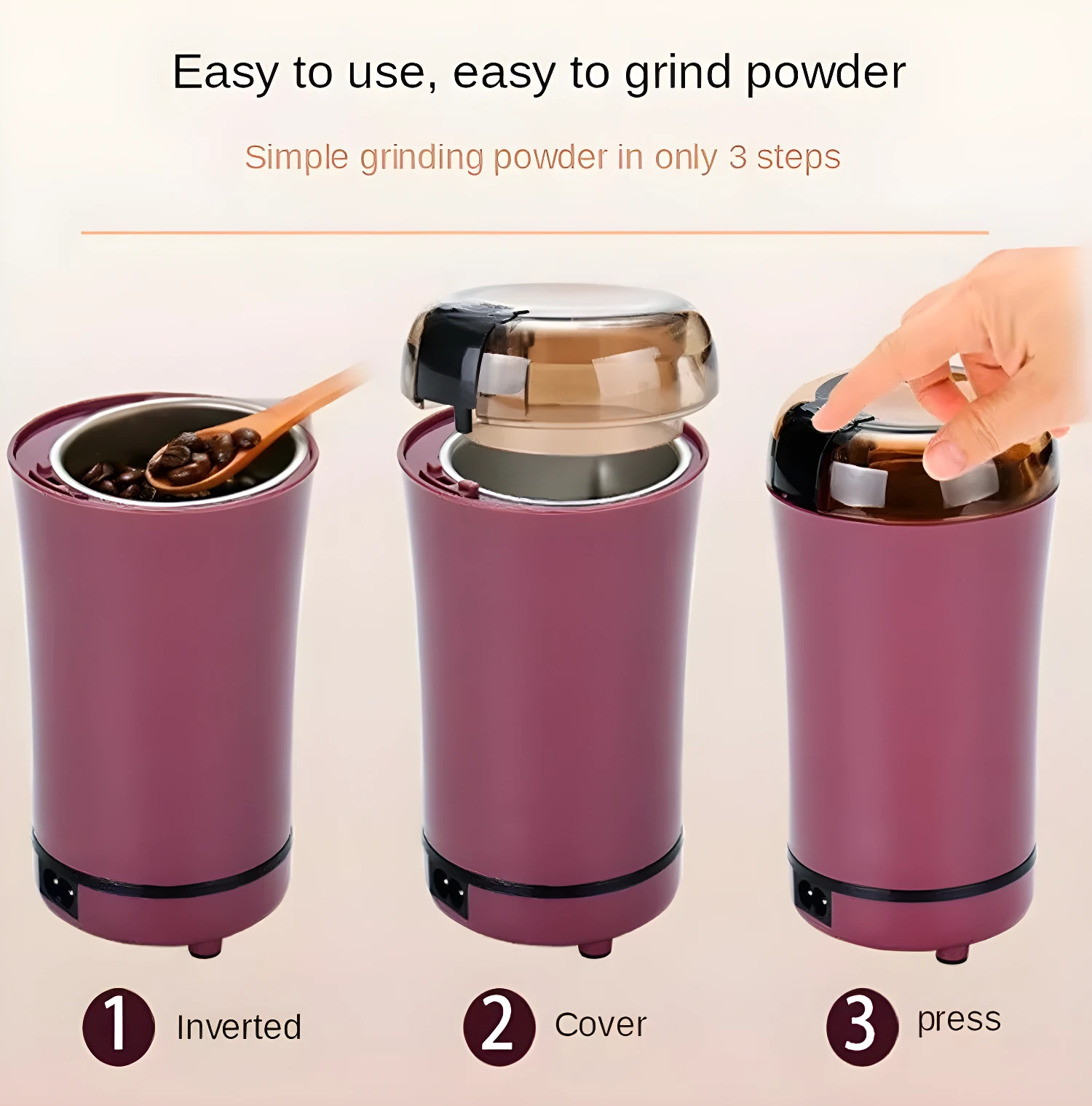 Molino eléctrico portátil para especias y granos: fácil uso en 3 pasos.