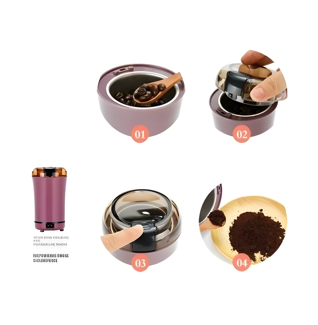 Molino eléctrico portátil muele granos y especias. de producto en 4 pasos.