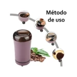 Molino eléctrico portátil para especias y granos de café con instrucciones de uso paso a paso.