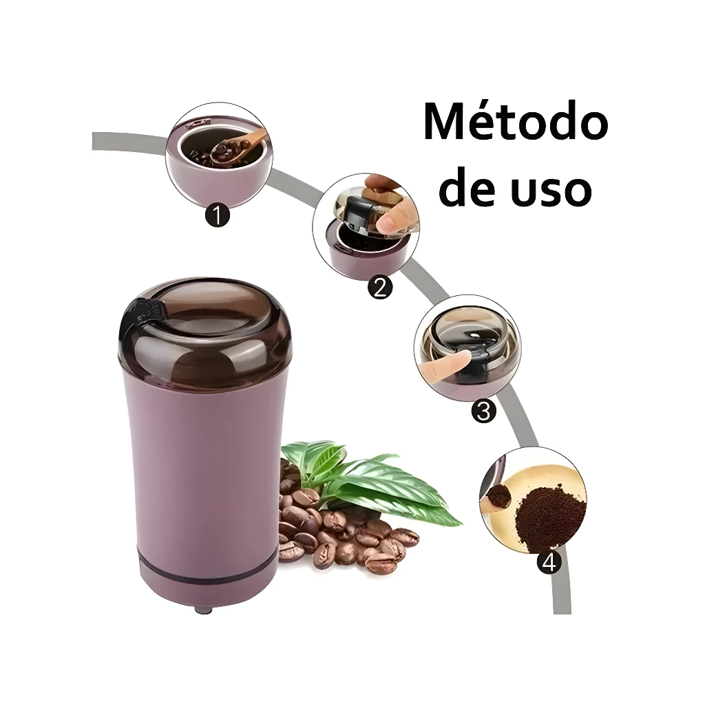 Molino eléctrico portátil para especias y granos de café con instrucciones de uso paso a paso.