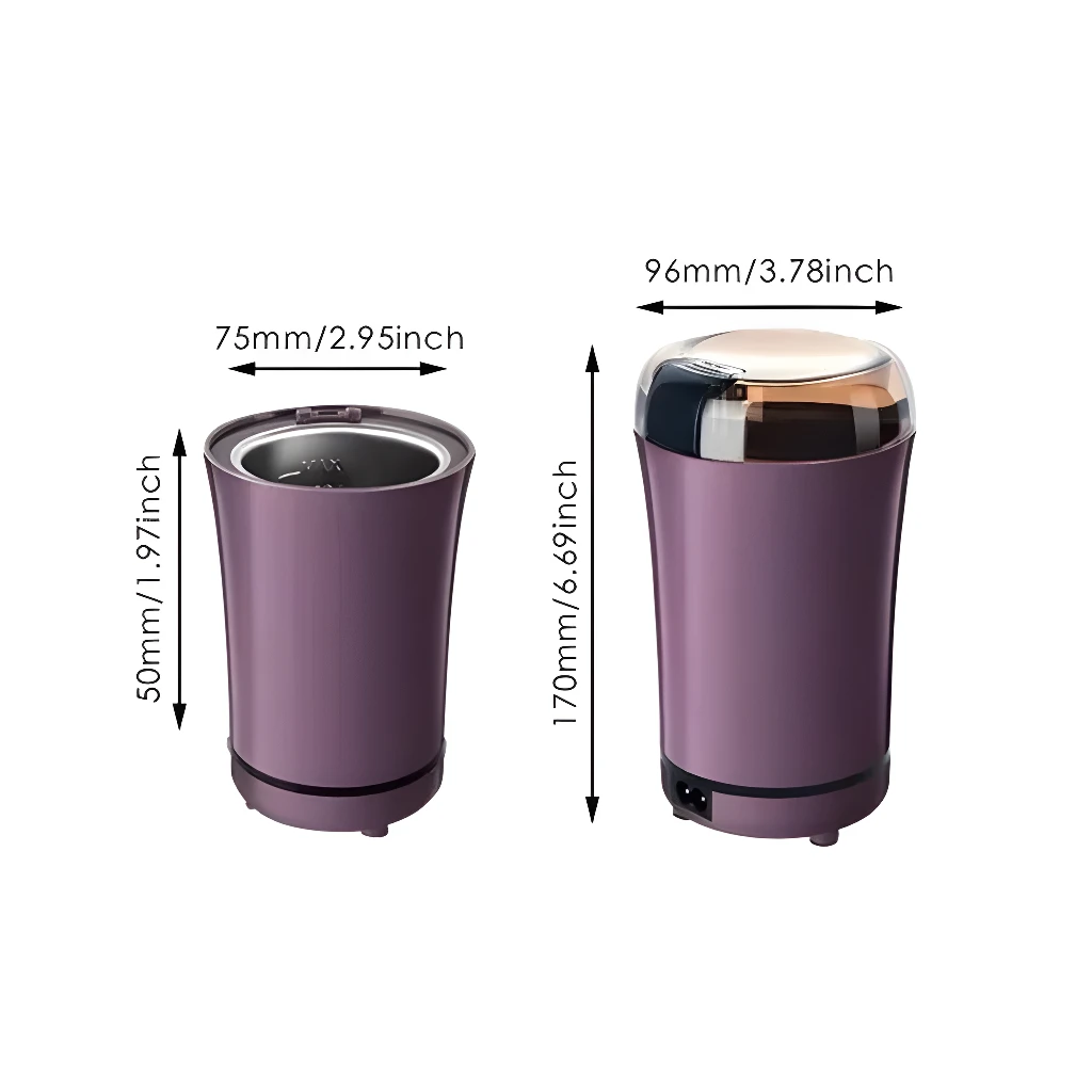 Molino eléctrico portátil morado para especias y granos, compacto y funcional.