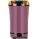 Molino eléctrico portátil morado para especias y granos, con tapa transparente y cable de conexión.