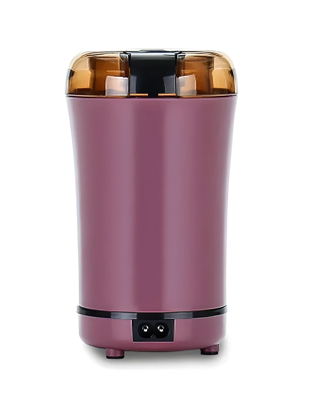 Molino eléctrico portátil morado para especias y granos, con tapa transparente y cable de conexión.