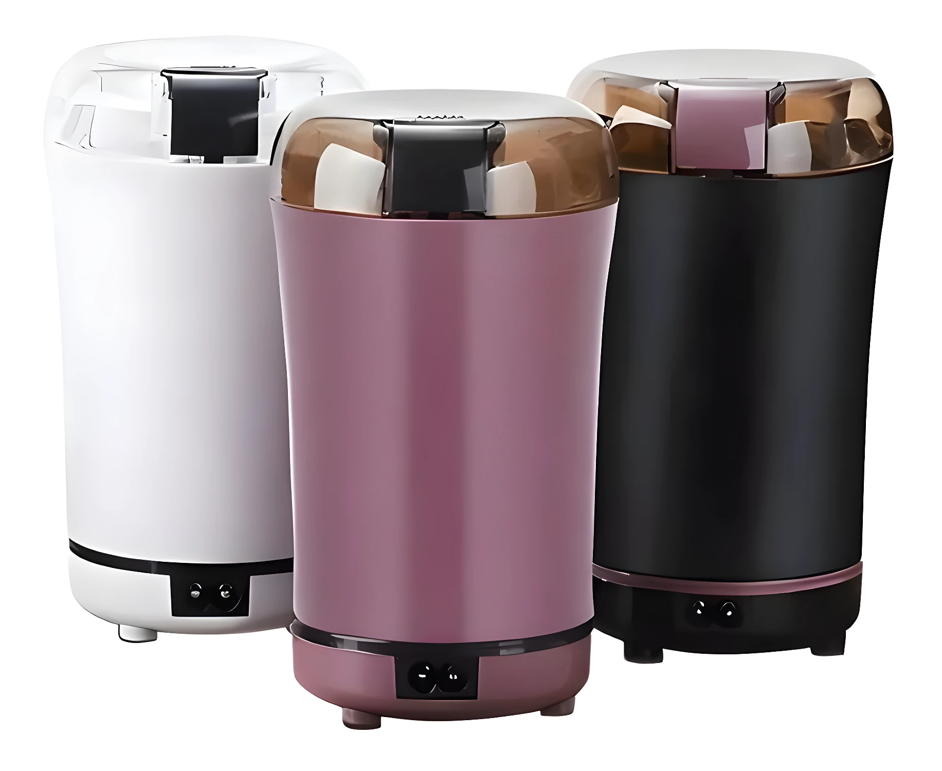 Molino eléctrico portátil para especias y granos, con diseño moderno en blanco, morado y negro.