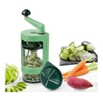 Molino rallador cortador multifuncional verde con vegetales: pepino, zanahoria y batata.