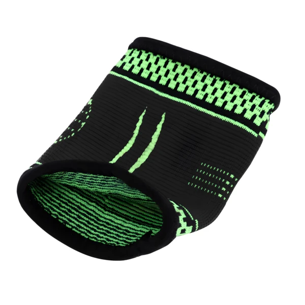 Muñequera elástica deportiva negra con detalles verdes para protección y ejercicio.