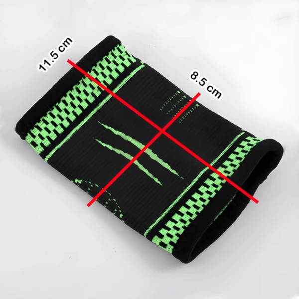 Muñequeras deportivas elásticas negras con diseño verde y medidas 11.5x8.5 cm.