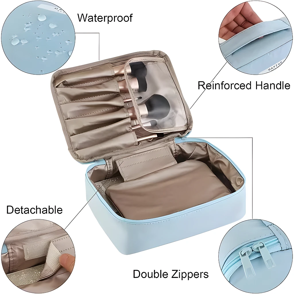 Neceser organizador de maquillaje para viaje, impermeable, con asas reforzadas y doble cremallera.