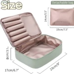 Neceser organizador de maquillaje para viaje, con compartimentos y bolsa desmontable.