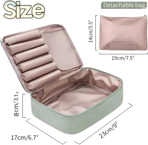 Neceser organizador de maquillaje para viaje, con compartimentos y bolsa desmontable.