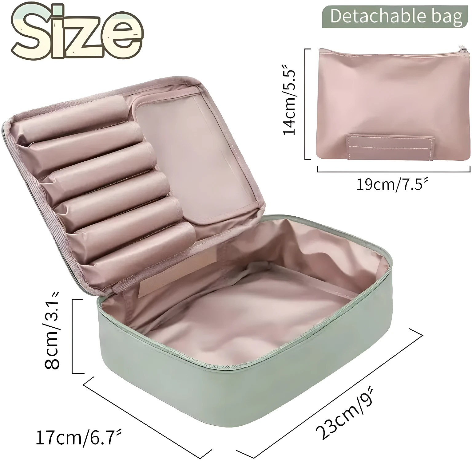 Neceser organizador de maquillaje para viaje, con compartimentos y bolsa desmontable.
