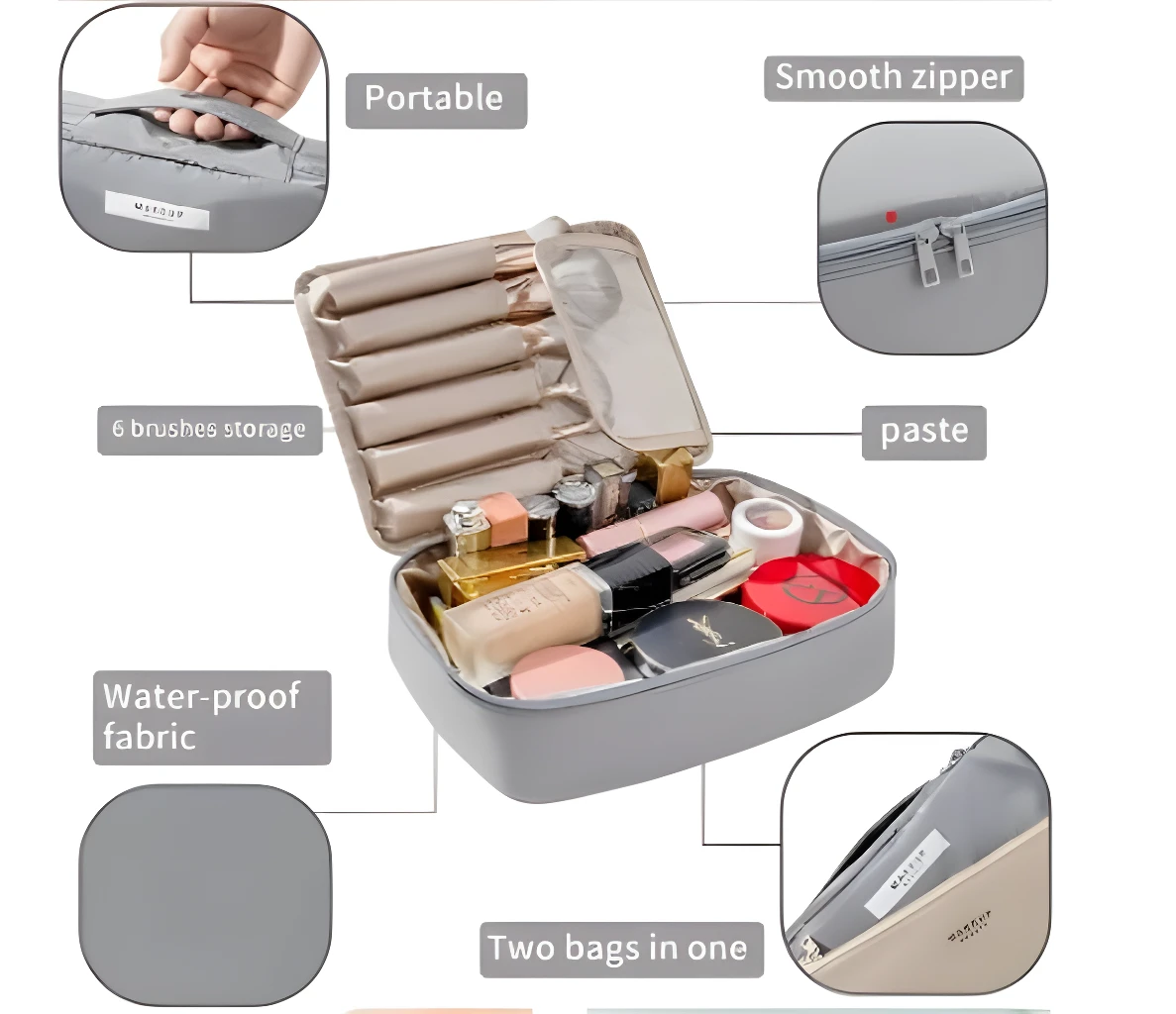 Neceser organizador de maquillaje de viaje, compacto, impermeable, con compartimentos para brochas y cosméticos.