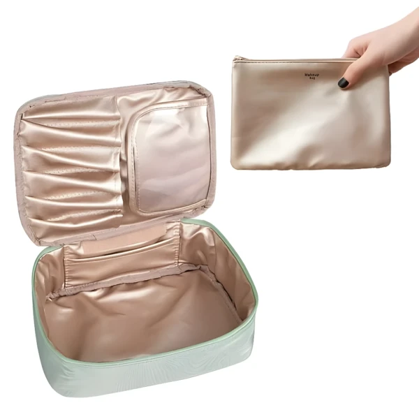 Neceser organizador de maquillaje para viaje, color menta con compartimentos internos y neceser adicional dorado.
