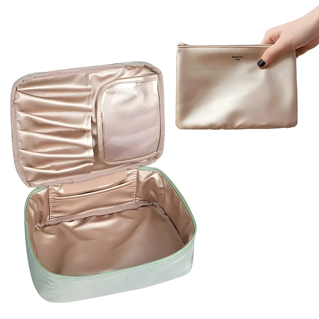 Neceser organizador de maquillaje para viaje, color menta con compartimentos internos y neceser adicional dorado.