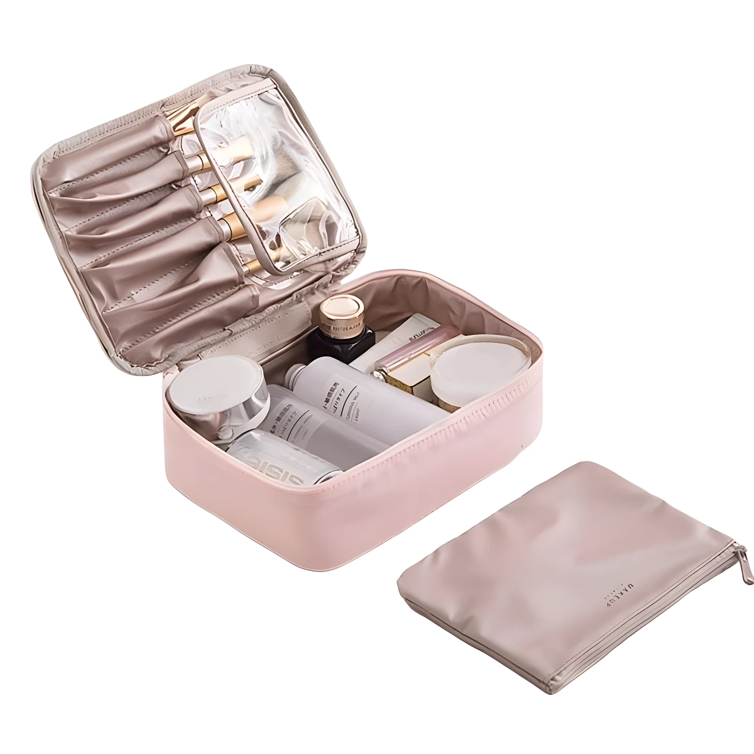 Neceser organizador de maquillaje de viaje color rosa con brochas y productos de belleza.