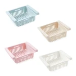 Set x4 organizador ajustable para nevera, canasta extensible de plástico para refrigerador en colores pastel.
