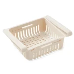 Organizador ajustable para nevera beige de plástico, cesta de almacenamiento con rieles extensibles.