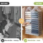 Organizador colgante de closet de 12 niveles: antes desordenado, después ordenado.