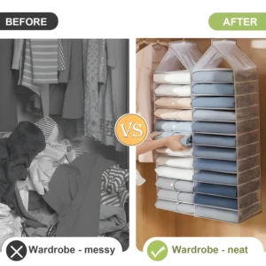 Organizador colgante de closet de 12 niveles: antes desordenado, después ordenado.